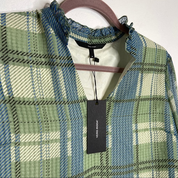 NWT Vero Moda | Green Check Ruffle Blouse - Picture 3 of 6